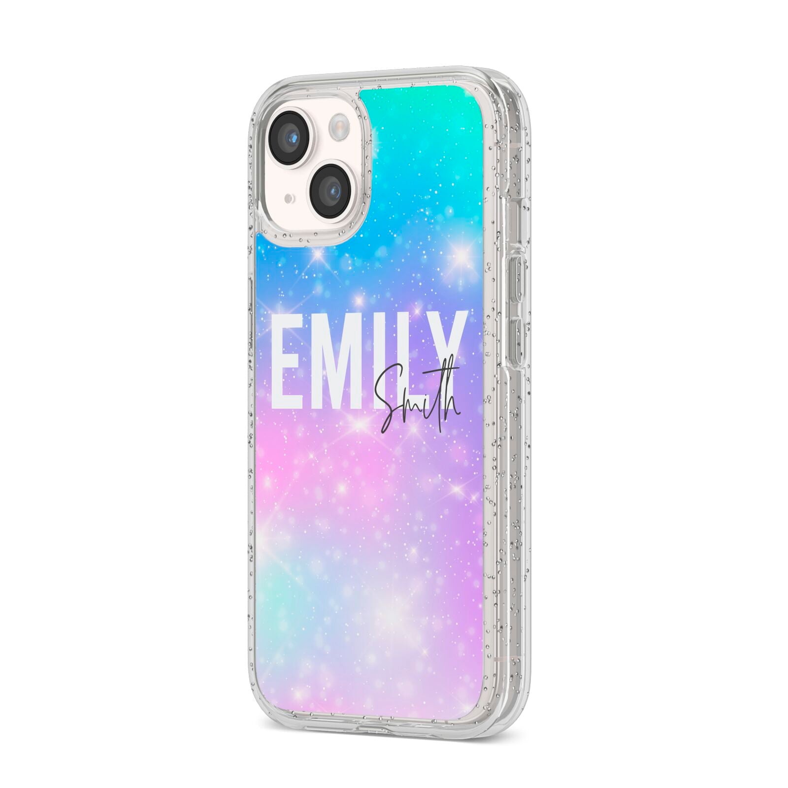 Personalised Unicorn Marble Name iPhone 14 Glitter Tough Case Starlight Angled Image