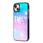 Personalised Unicorn Marble Name iPhone 14 Plus Black Impact Case Side Angle on Silver phone
