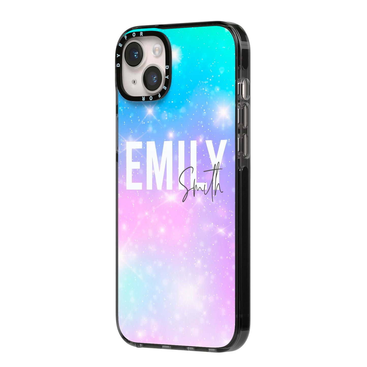 Personalised Unicorn Marble Name iPhone 14 Plus Black Impact Case Side Angle on Silver phone