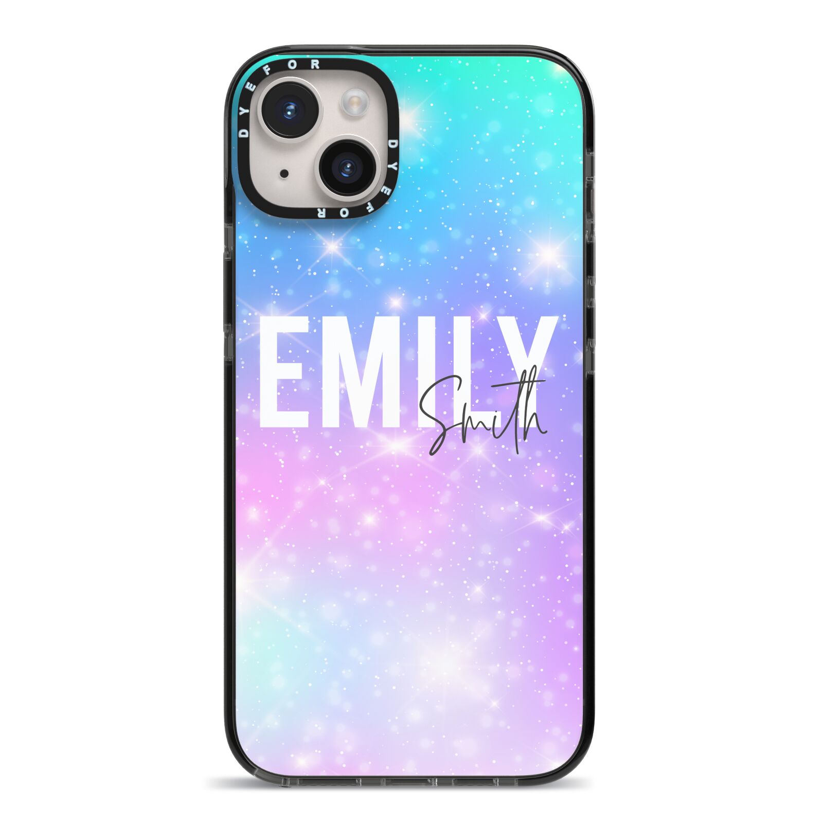 Personalised Unicorn Marble Name iPhone 14 Plus Black Impact Case on Silver phone