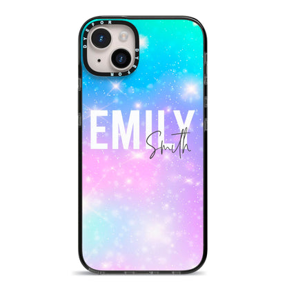 Personalised Unicorn Marble Name iPhone 14 Plus Black Impact Case on Silver phone