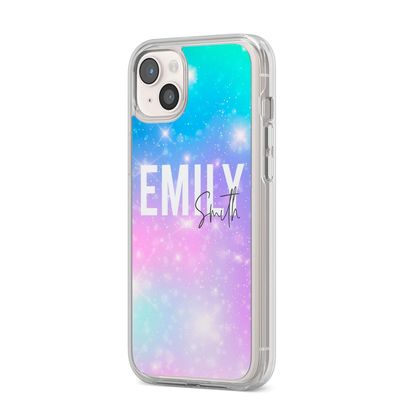 Personalised Unicorn Marble Name iPhone 14 Plus Clear Tough Case Starlight Angled Image