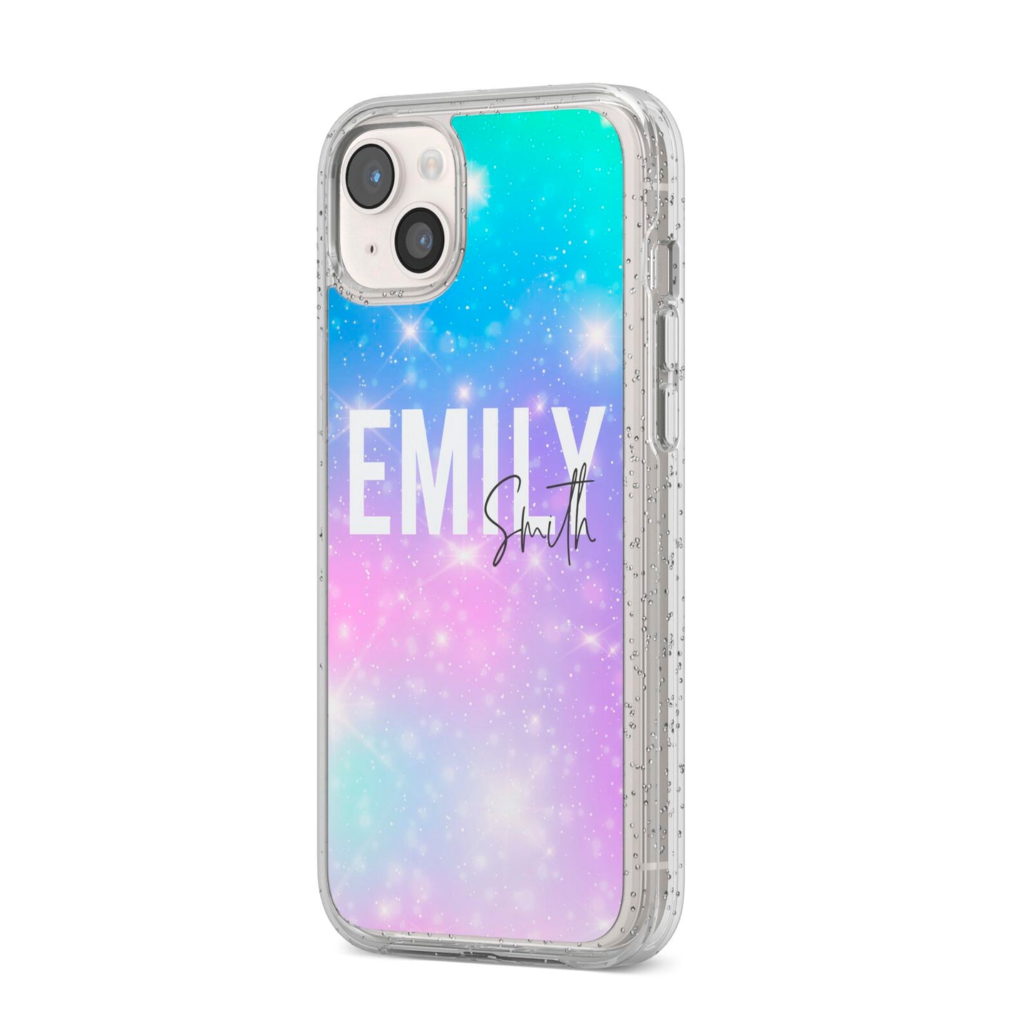 Personalised Unicorn Marble Name iPhone 14 Plus Glitter Tough Case Starlight Angled Image