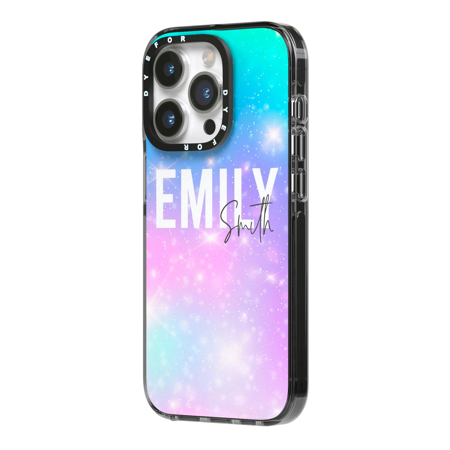 Personalised Unicorn Marble Name iPhone 14 Pro Black Impact Case Side Angle on Silver phone