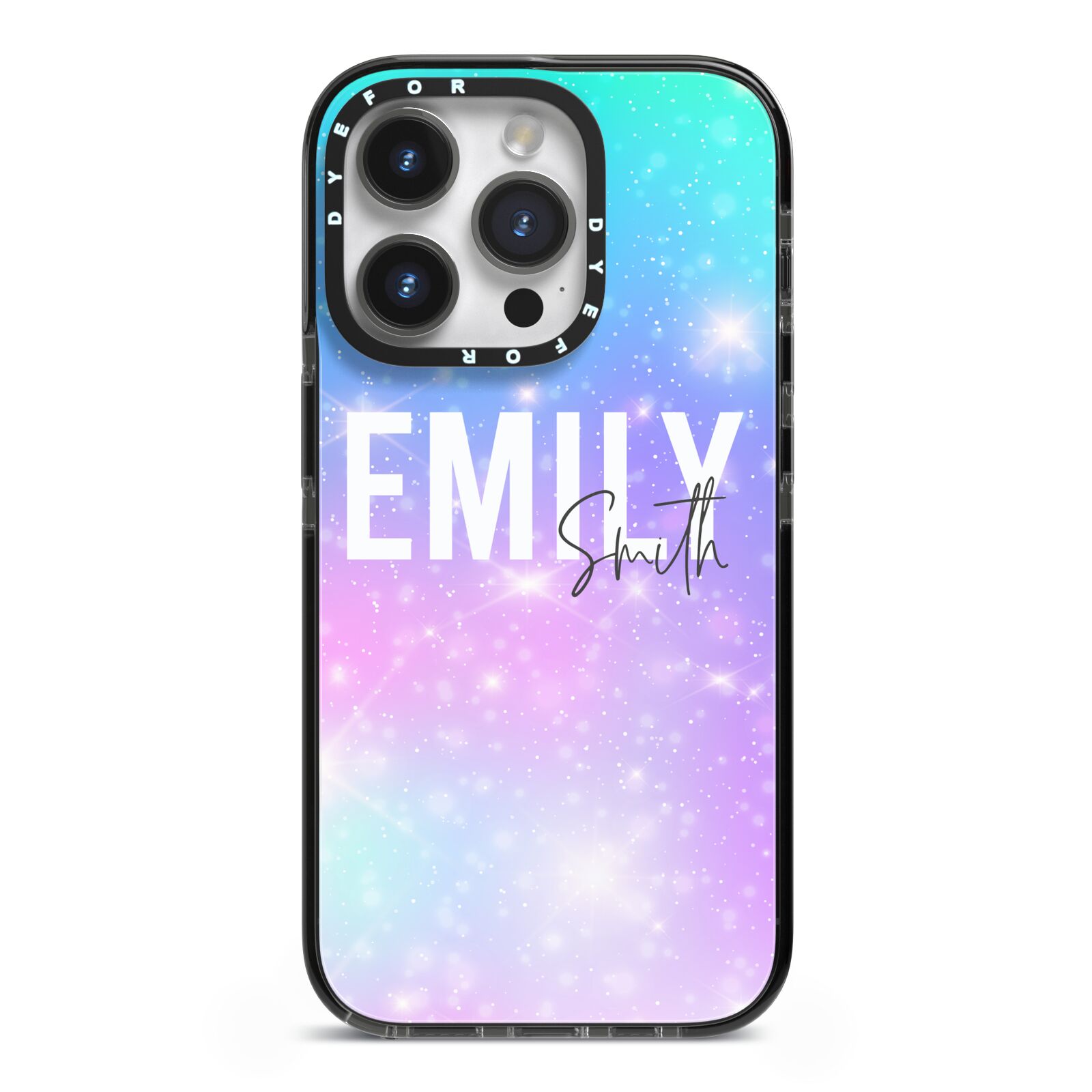 Personalised Unicorn Marble Name iPhone 14 Pro Black Impact Case on Silver phone