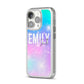 Personalised Unicorn Marble Name iPhone 14 Pro Clear Tough Case Silver Angled Image