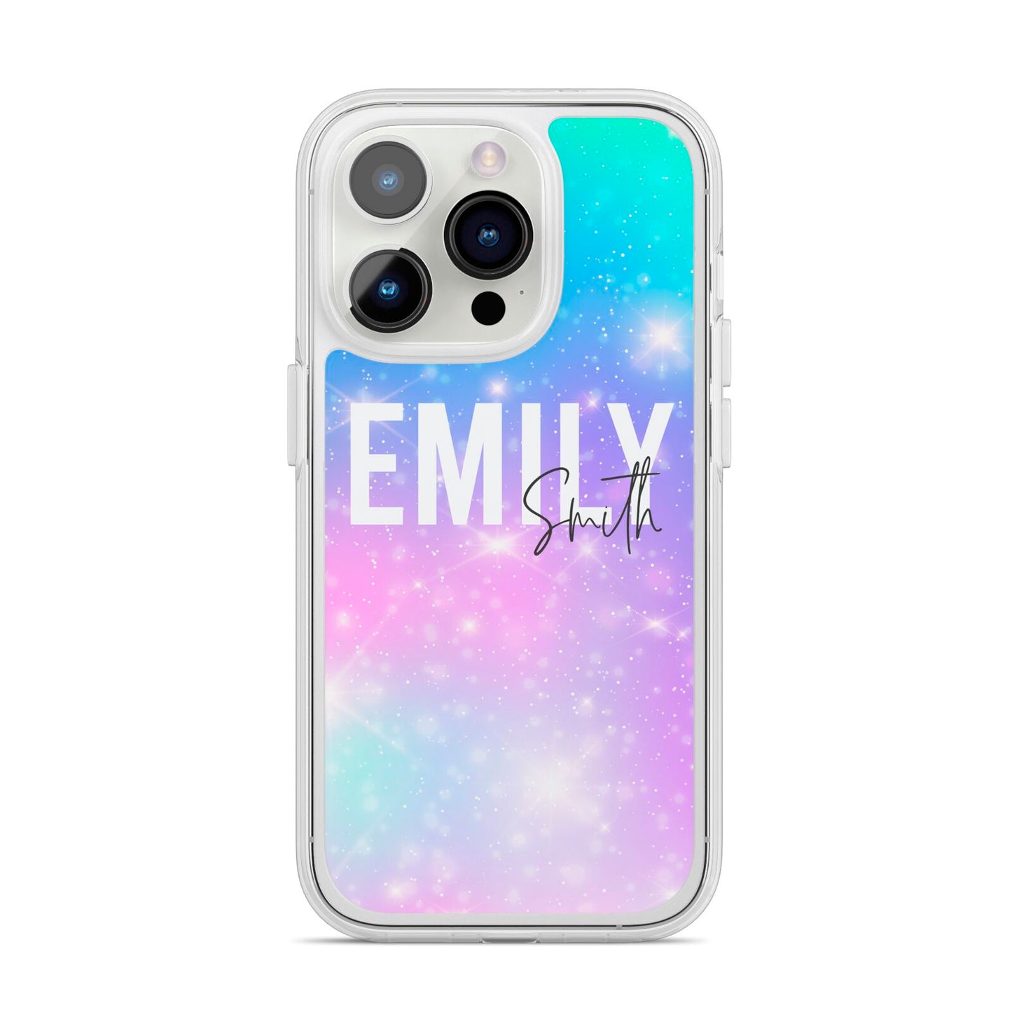 Personalised Unicorn Marble Name iPhone 14 Pro Clear Tough Case Silver