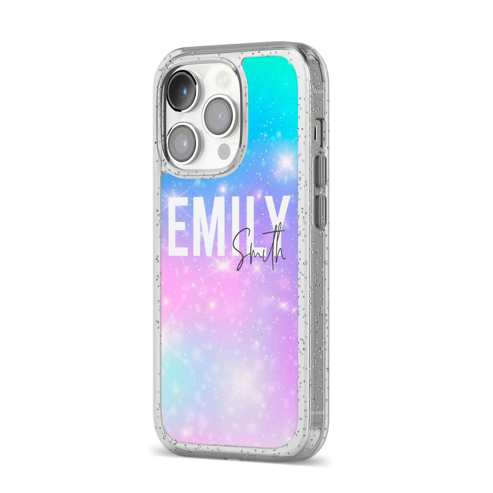 Personalised Unicorn Marble Name iPhone 14 Pro Glitter Tough Case Silver Angled Image