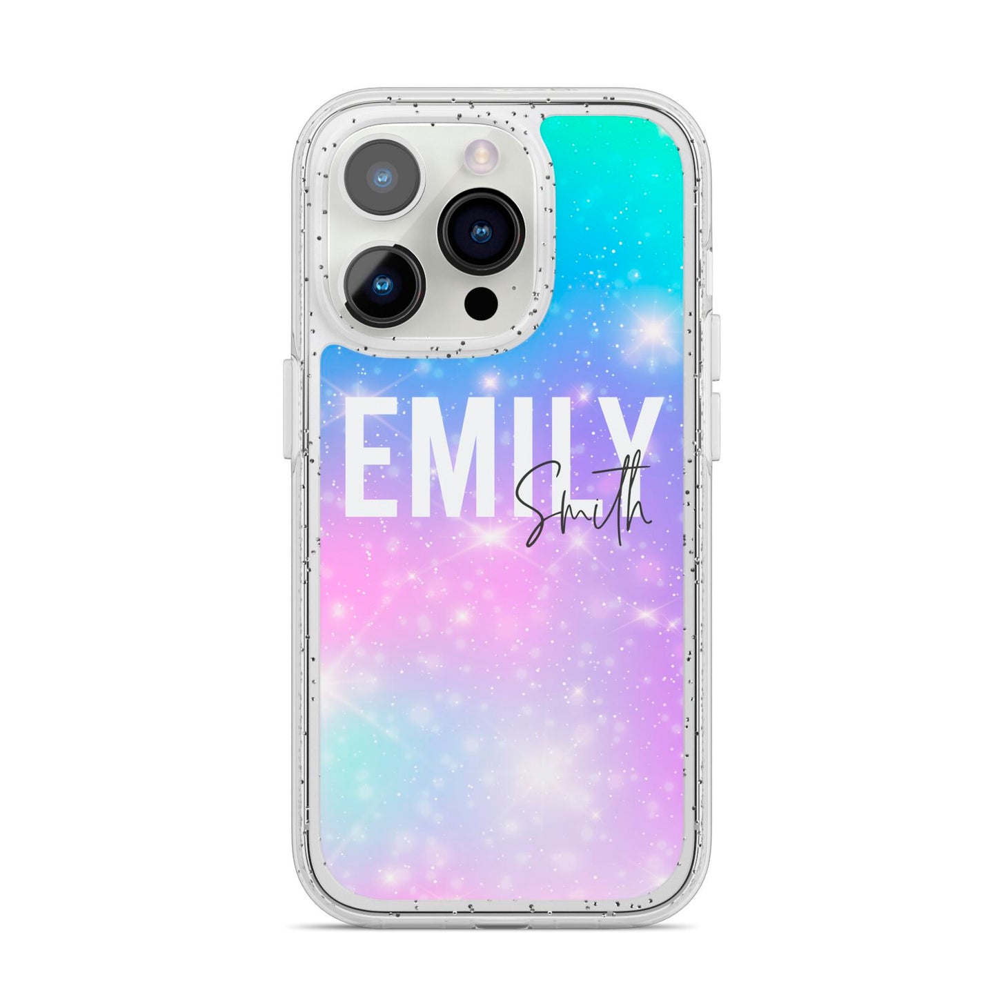 Personalised Unicorn Marble Name iPhone 14 Pro Glitter Tough Case Silver
