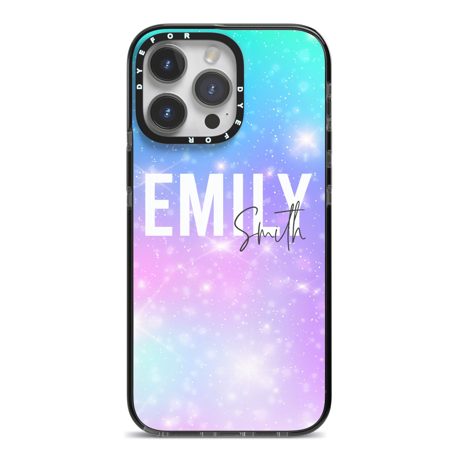 Personalised Unicorn Marble Name iPhone 14 Pro Max Black Impact Case on Silver phone