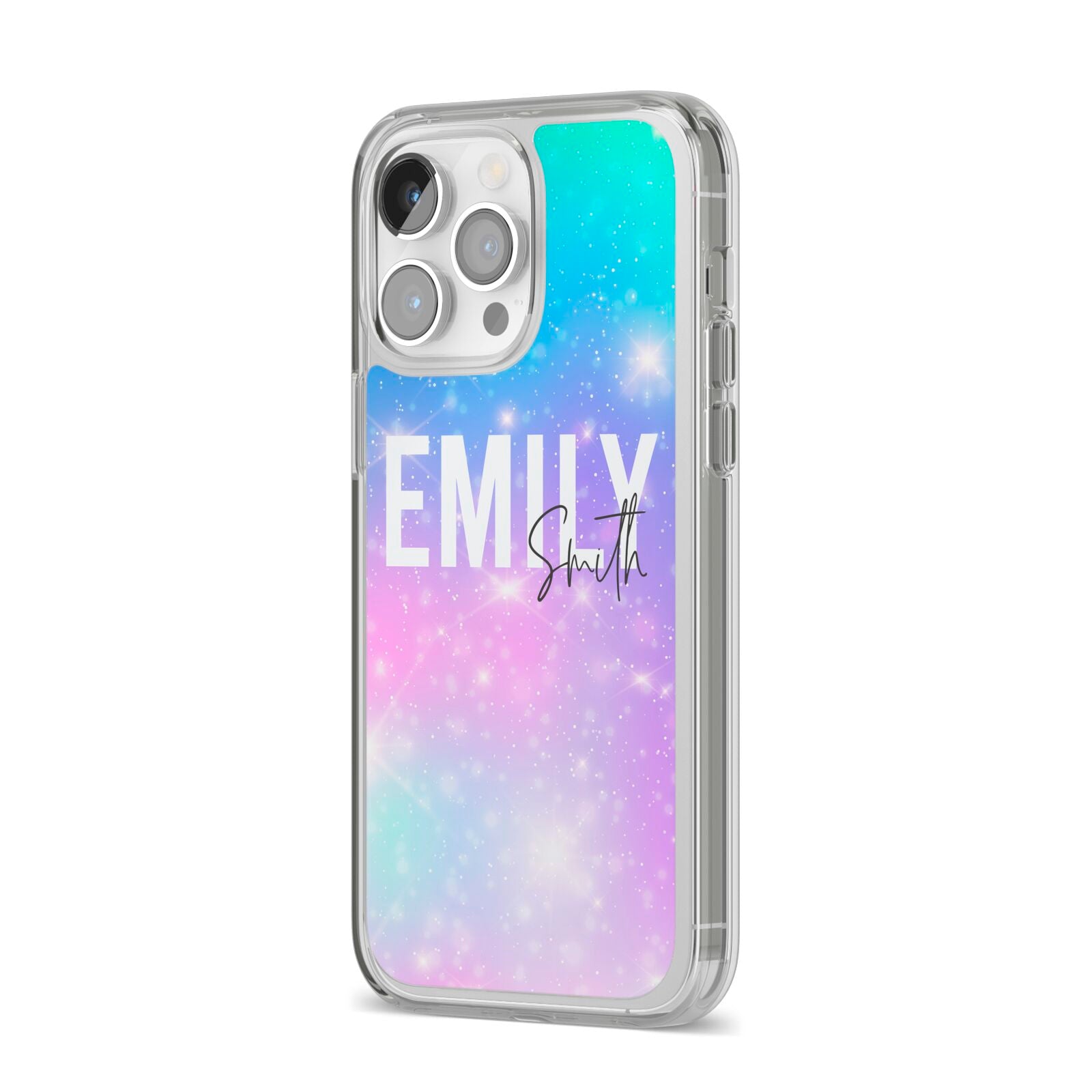Personalised Unicorn Marble Name iPhone 14 Pro Max Clear Tough Case Silver Angled Image