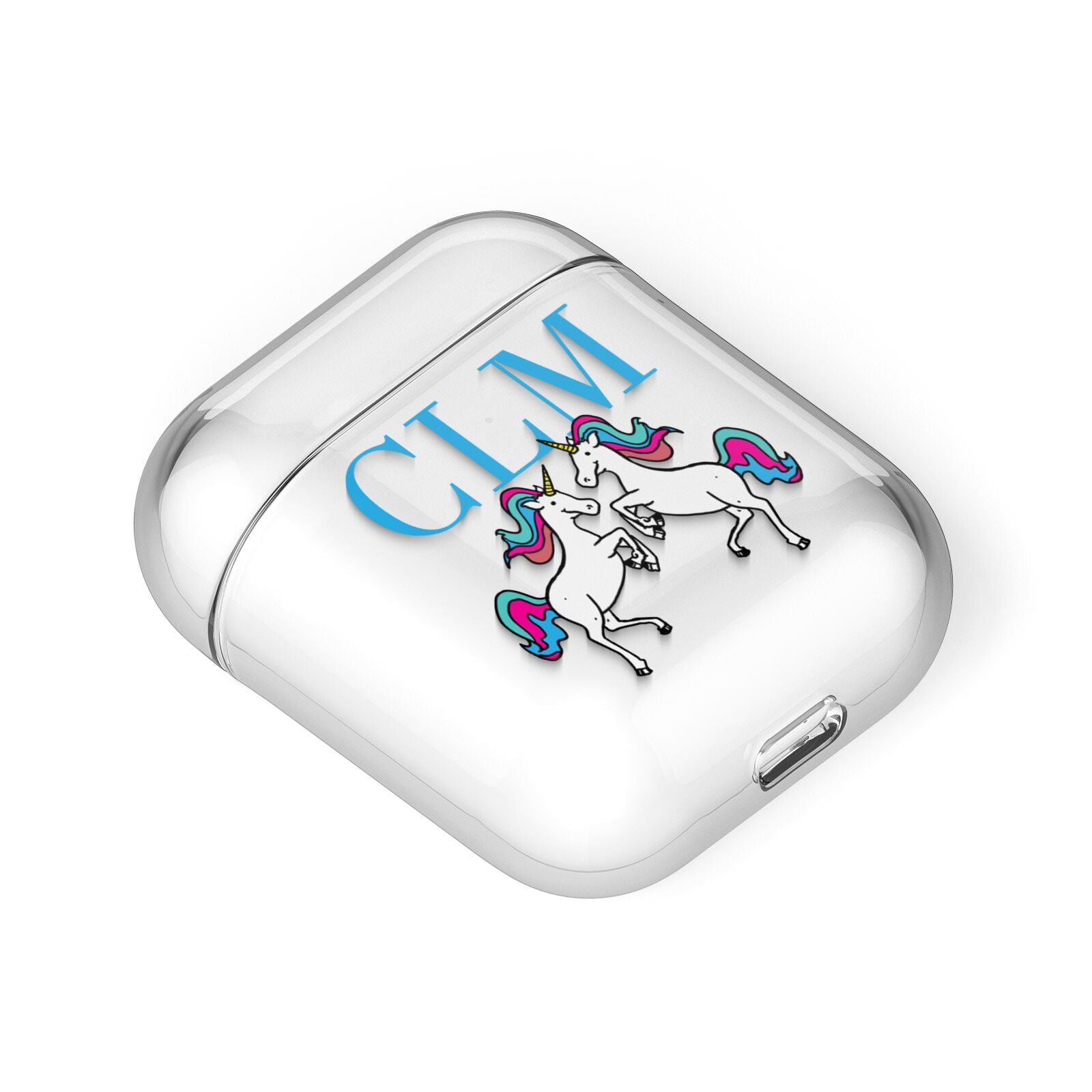 Personalised Unicorn Monogrammed AirPods Case Laid Flat
