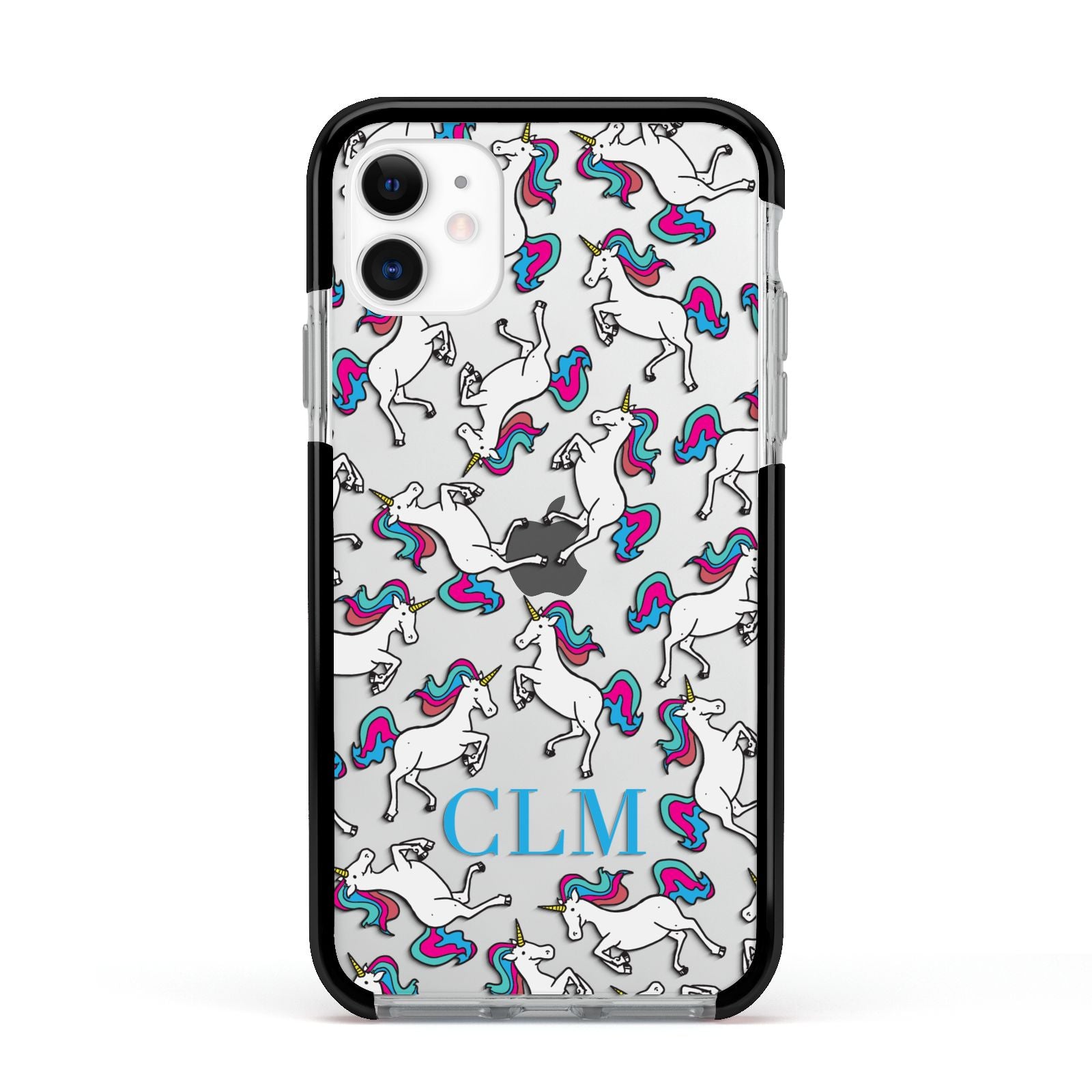 Personalised Unicorn Monogrammed Apple iPhone 11 in White with Black Impact Case