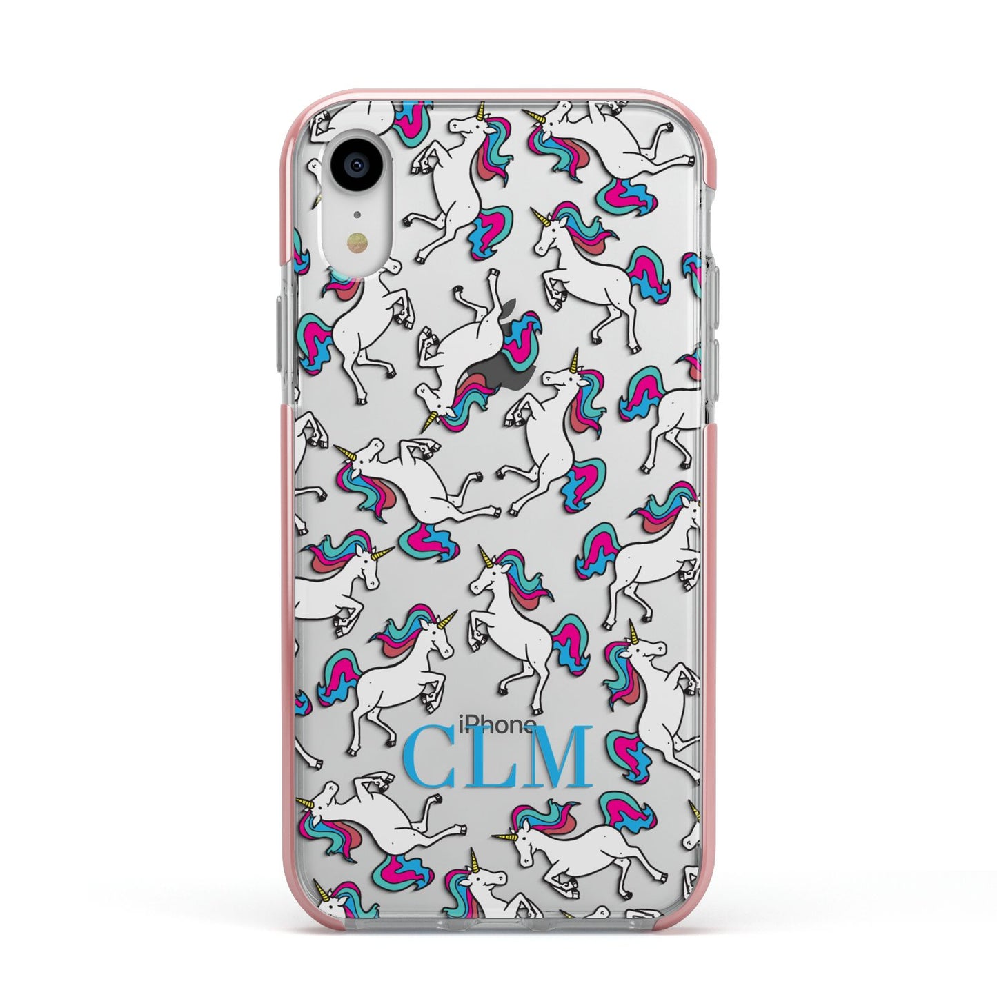 Personalised Unicorn Monogrammed Apple iPhone XR Impact Case Pink Edge on Silver Phone