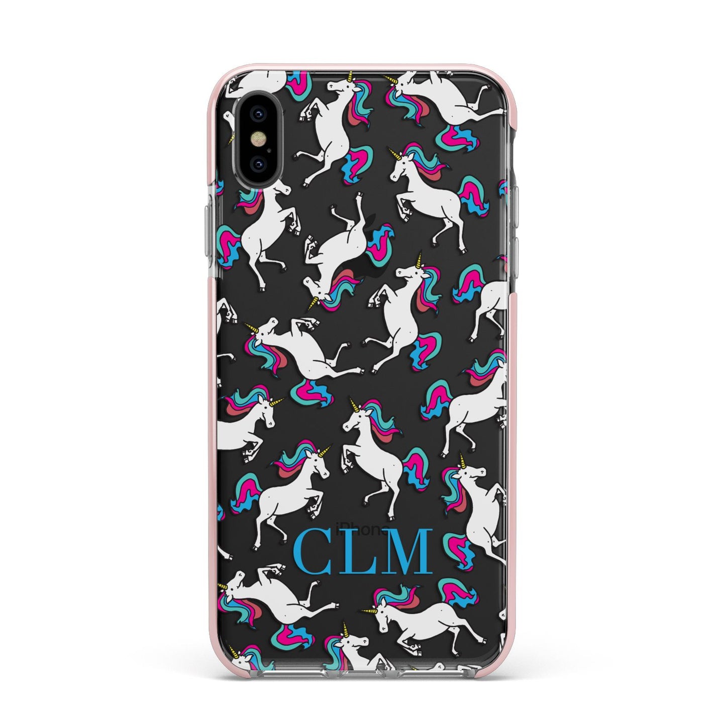 Personalised Unicorn Monogrammed Apple iPhone Xs Max Impact Case Pink Edge on Black Phone