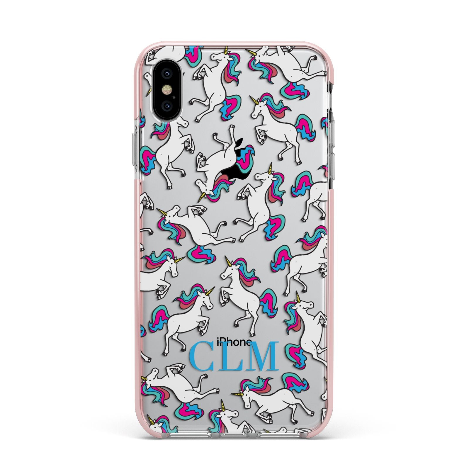 Personalised Unicorn Monogrammed Apple iPhone Xs Max Impact Case Pink Edge on Silver Phone