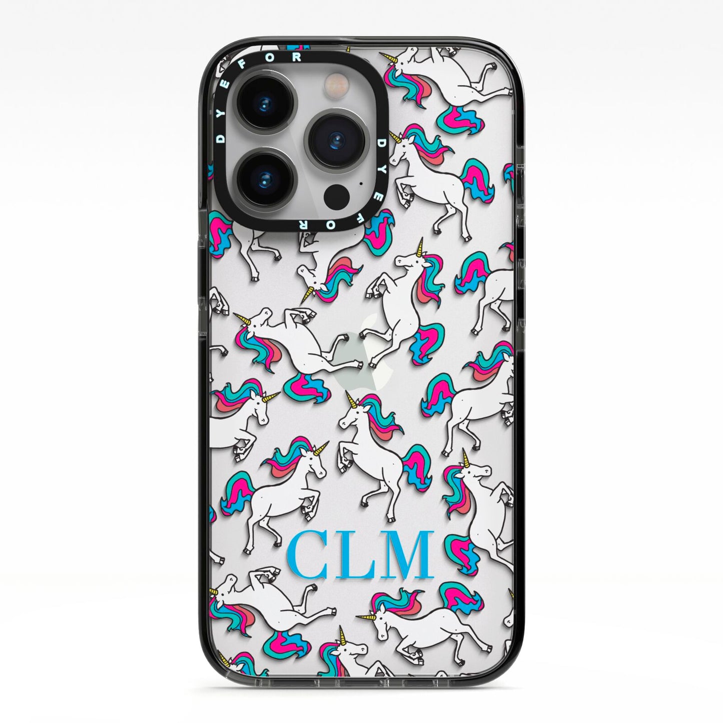 Personalised Unicorn Monogrammed iPhone 13 Pro Black Impact Case on Silver phone