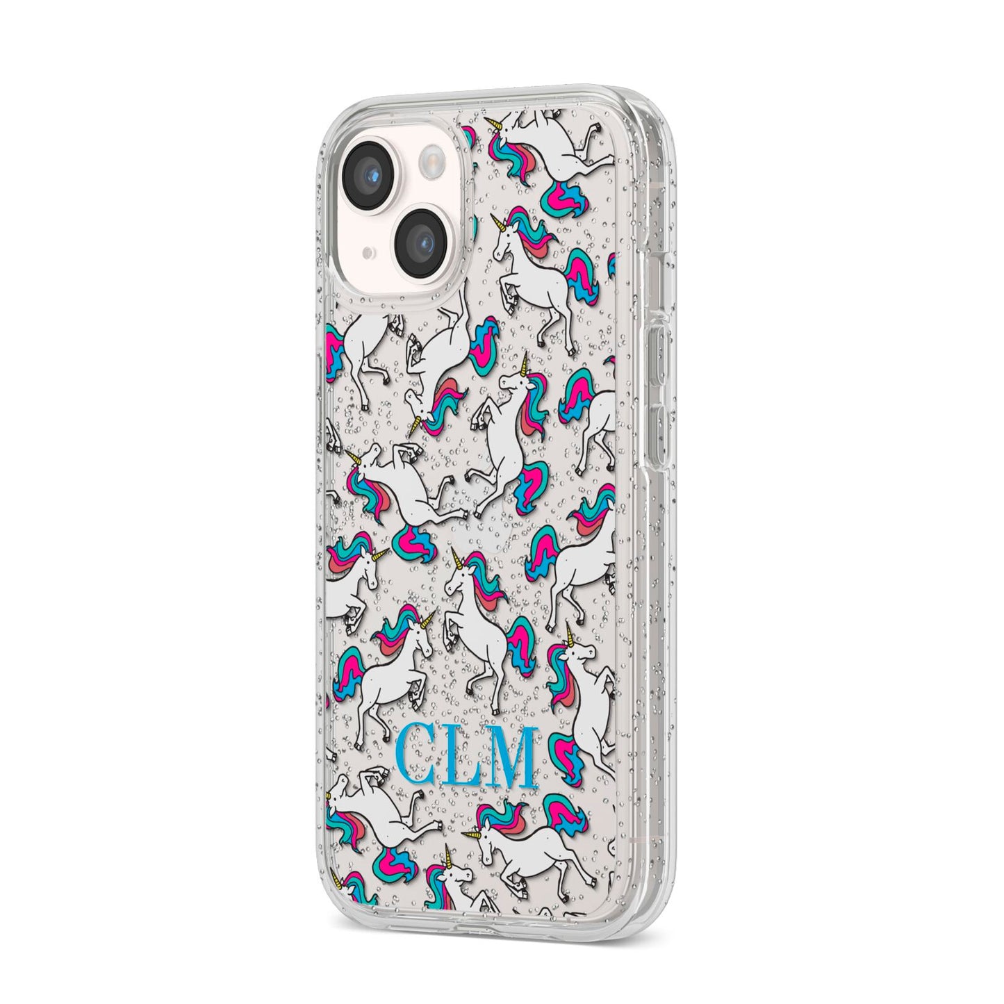 Personalised Unicorn Monogrammed iPhone 14 Glitter Tough Case Starlight Angled Image