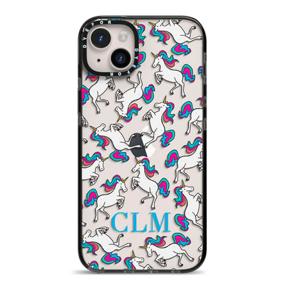 Personalised Unicorn Monogrammed iPhone 14 Plus Black Impact Case on Silver phone