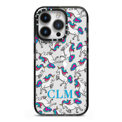 Personalised Unicorn Monogrammed iPhone 14 Pro Black Impact Case on Silver phone
