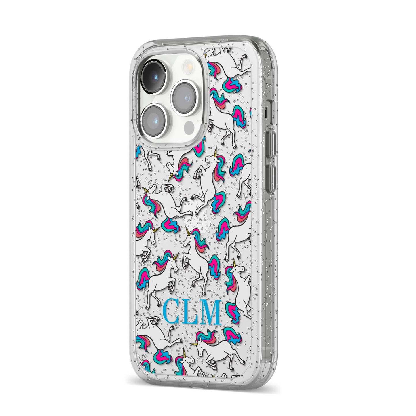 Personalised Unicorn Monogrammed iPhone 14 Pro Glitter Tough Case Silver Angled Image