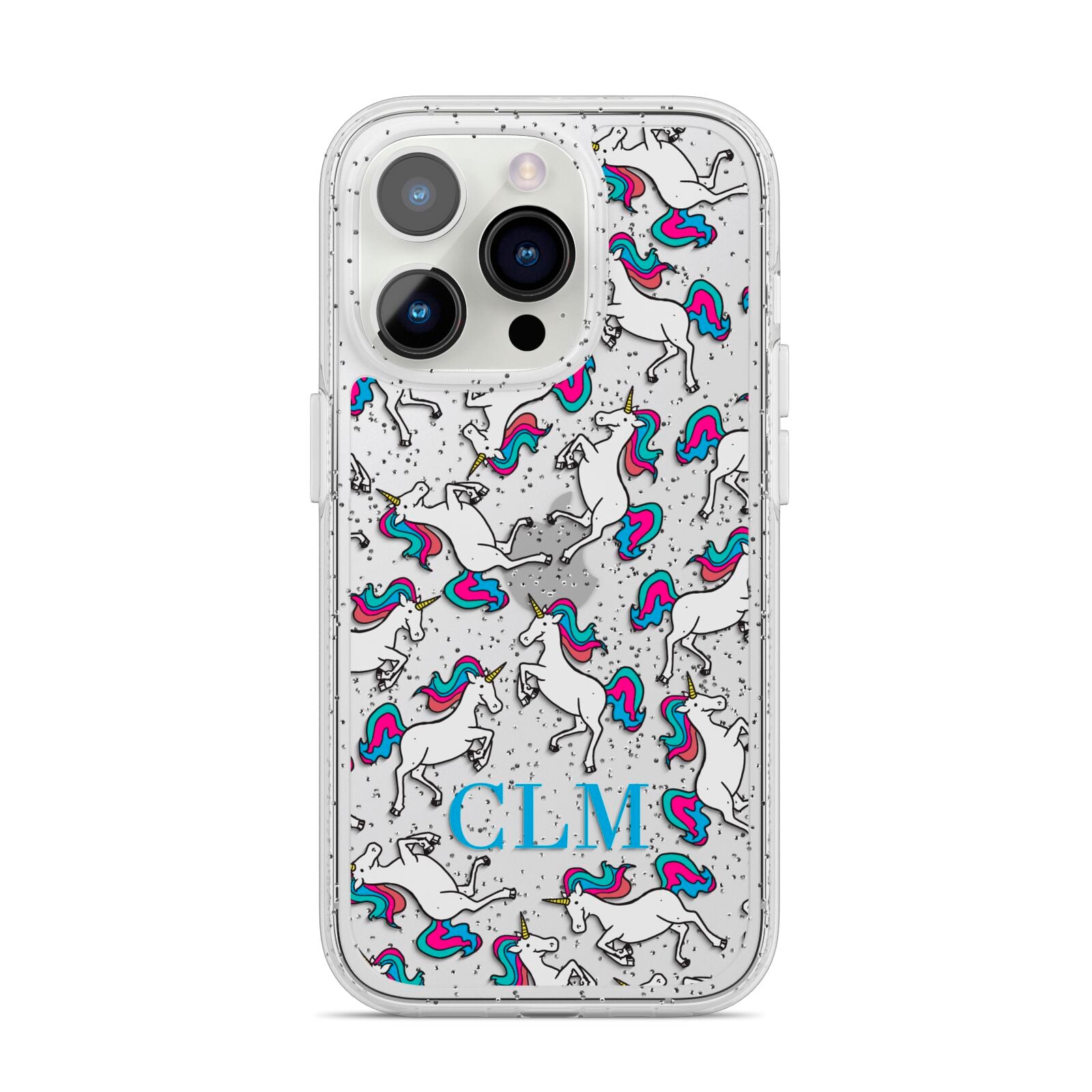 Personalised Unicorn Monogrammed iPhone 14 Pro Glitter Tough Case Silver