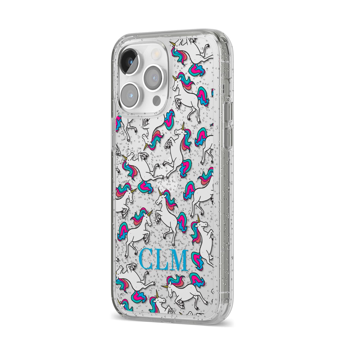 Personalised Unicorn Monogrammed iPhone 14 Pro Max Glitter Tough Case Silver Angled Image