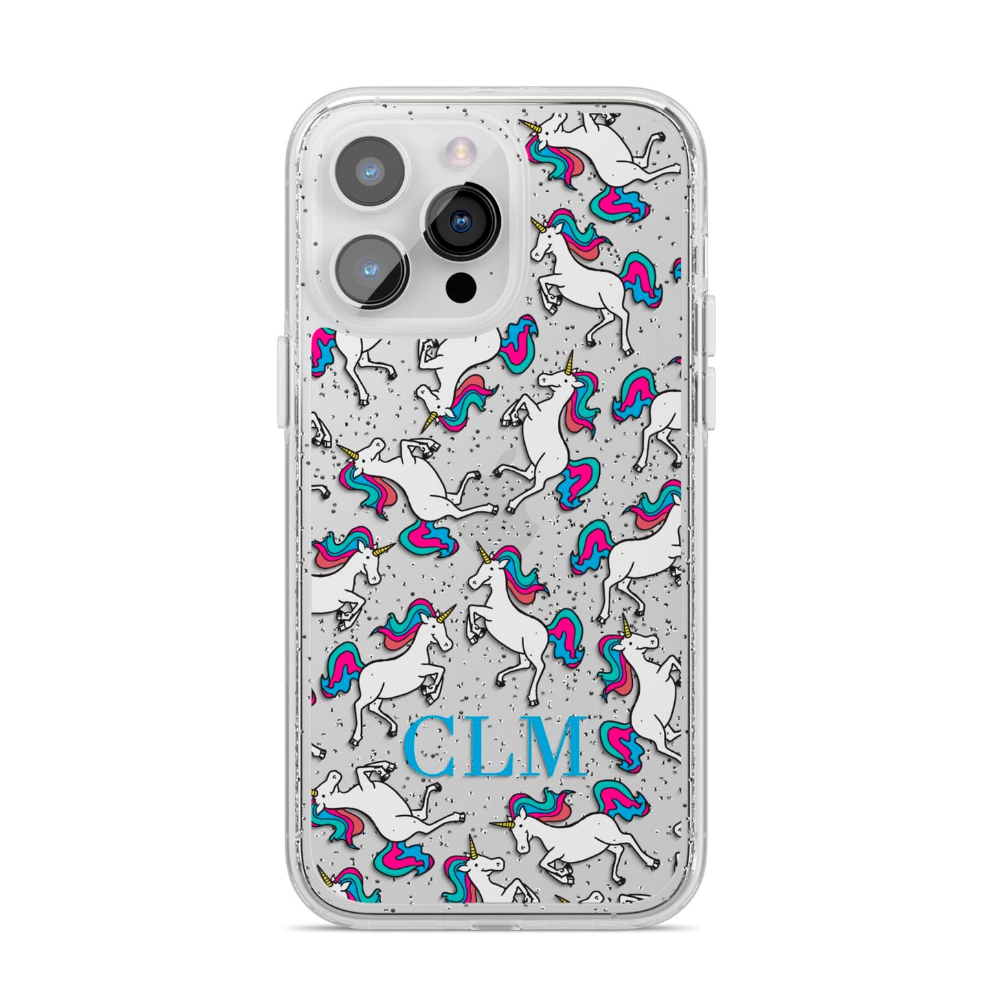 Personalised Unicorn Monogrammed iPhone 14 Pro Max Glitter Tough Case Silver
