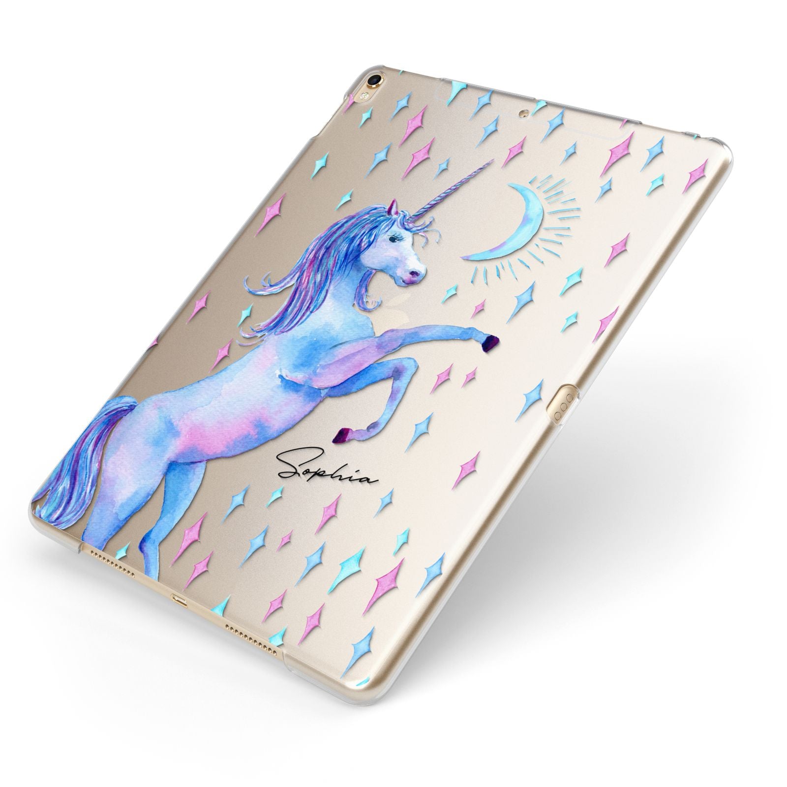 Personalised Unicorn Name Apple iPad Case on Gold iPad Side View