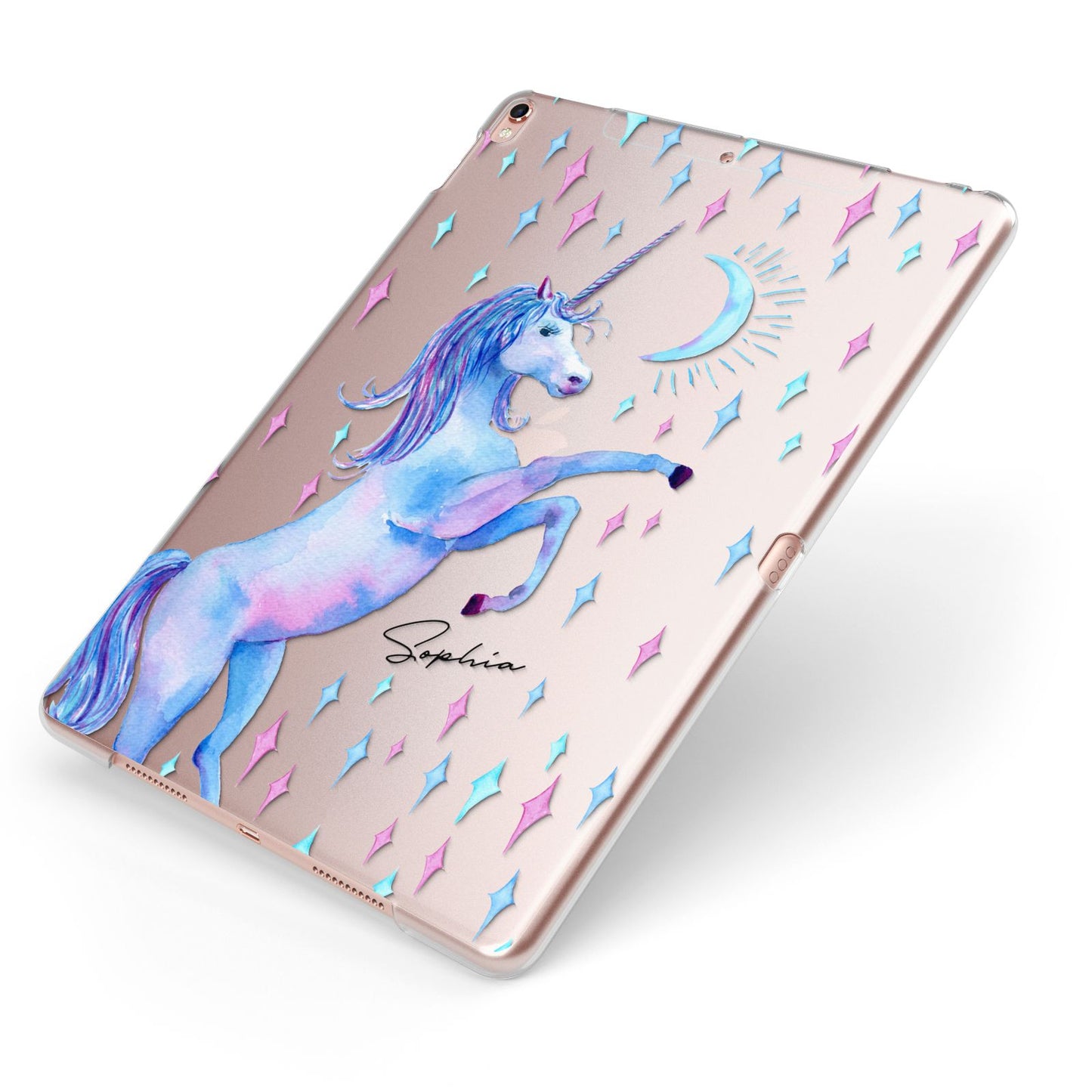 Personalised Unicorn Name Apple iPad Case on Rose Gold iPad Side View