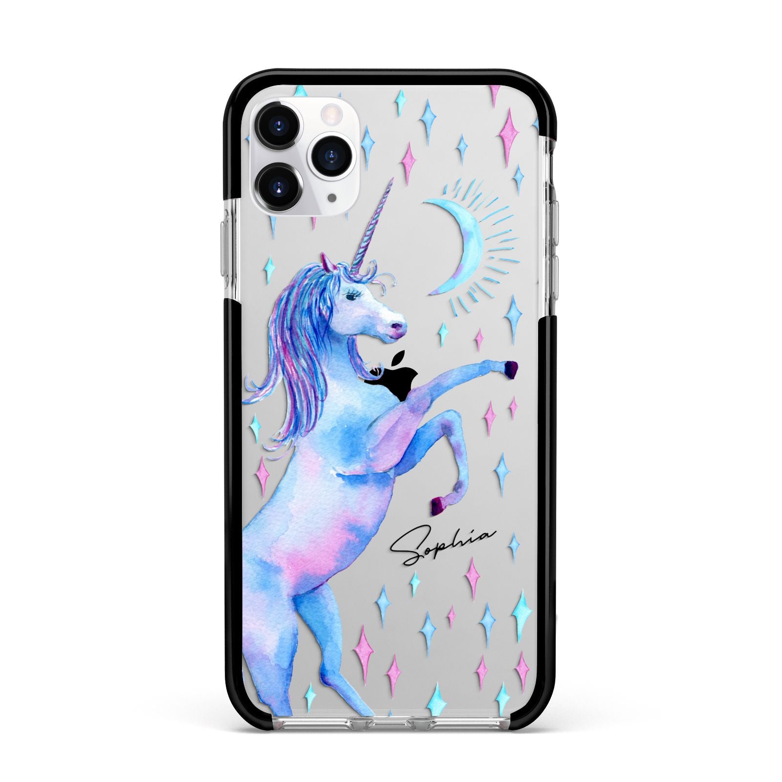 Personalised Unicorn Name Apple iPhone 11 Pro Max in Silver with Black Impact Case