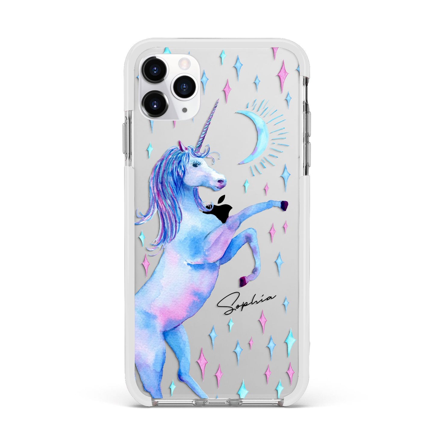Personalised Unicorn Name Apple iPhone 11 Pro Max in Silver with White Impact Case