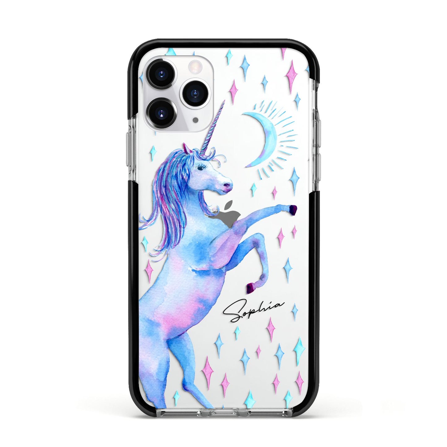 Personalised Unicorn Name Apple iPhone 11 Pro in Silver with Black Impact Case