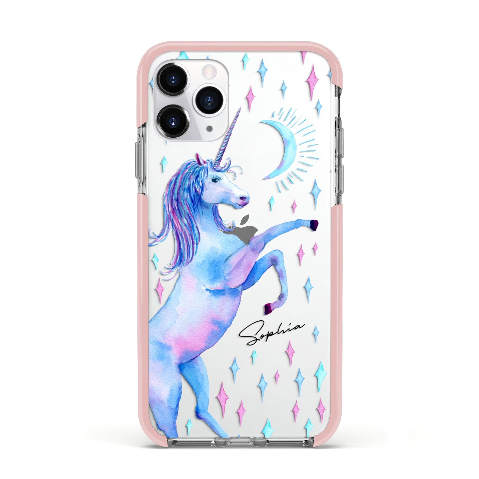 Personalised Unicorn Name Apple iPhone 11 Pro in Silver with Pink Impact Case
