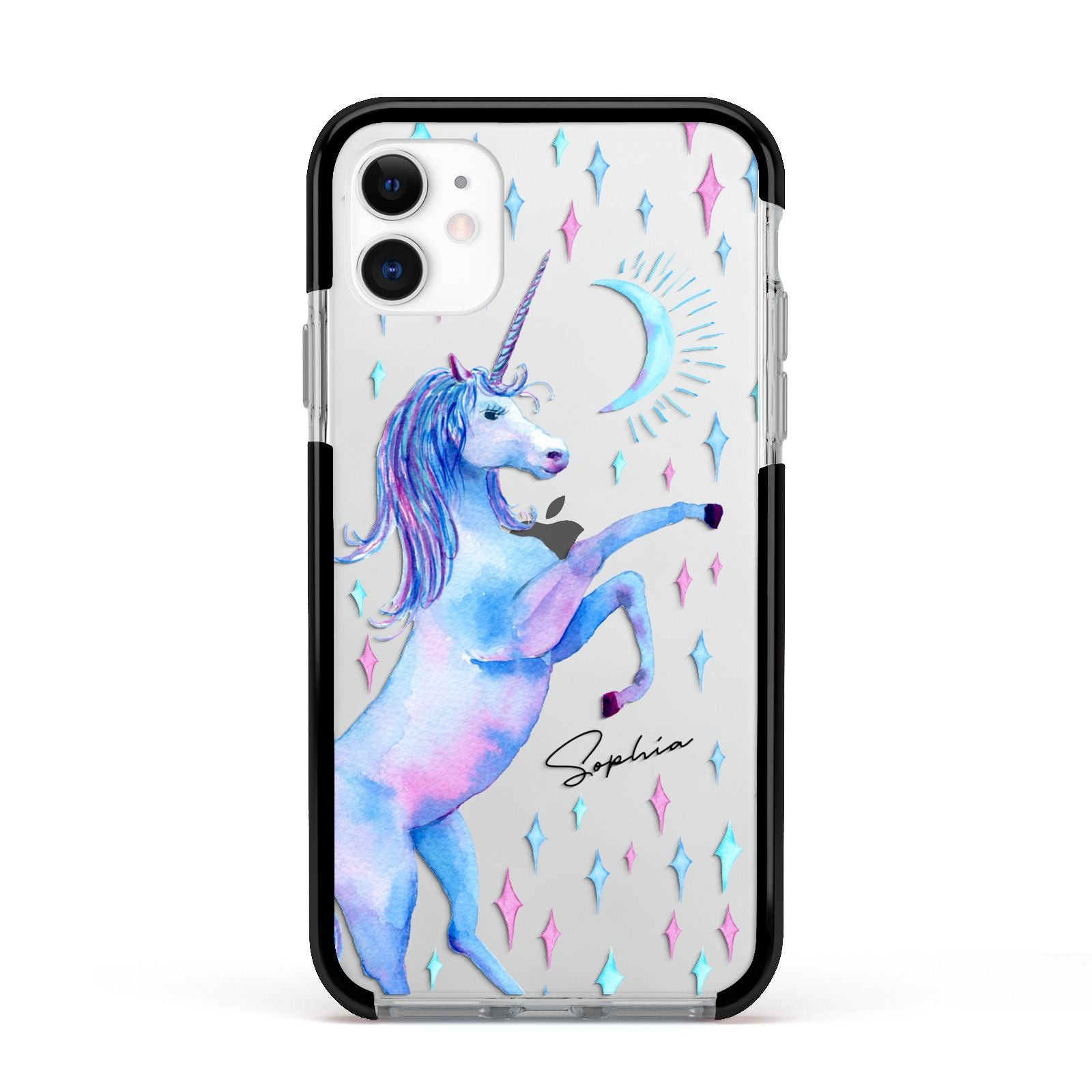 Personalised Unicorn Name Apple iPhone 11 in White with Black Impact Case