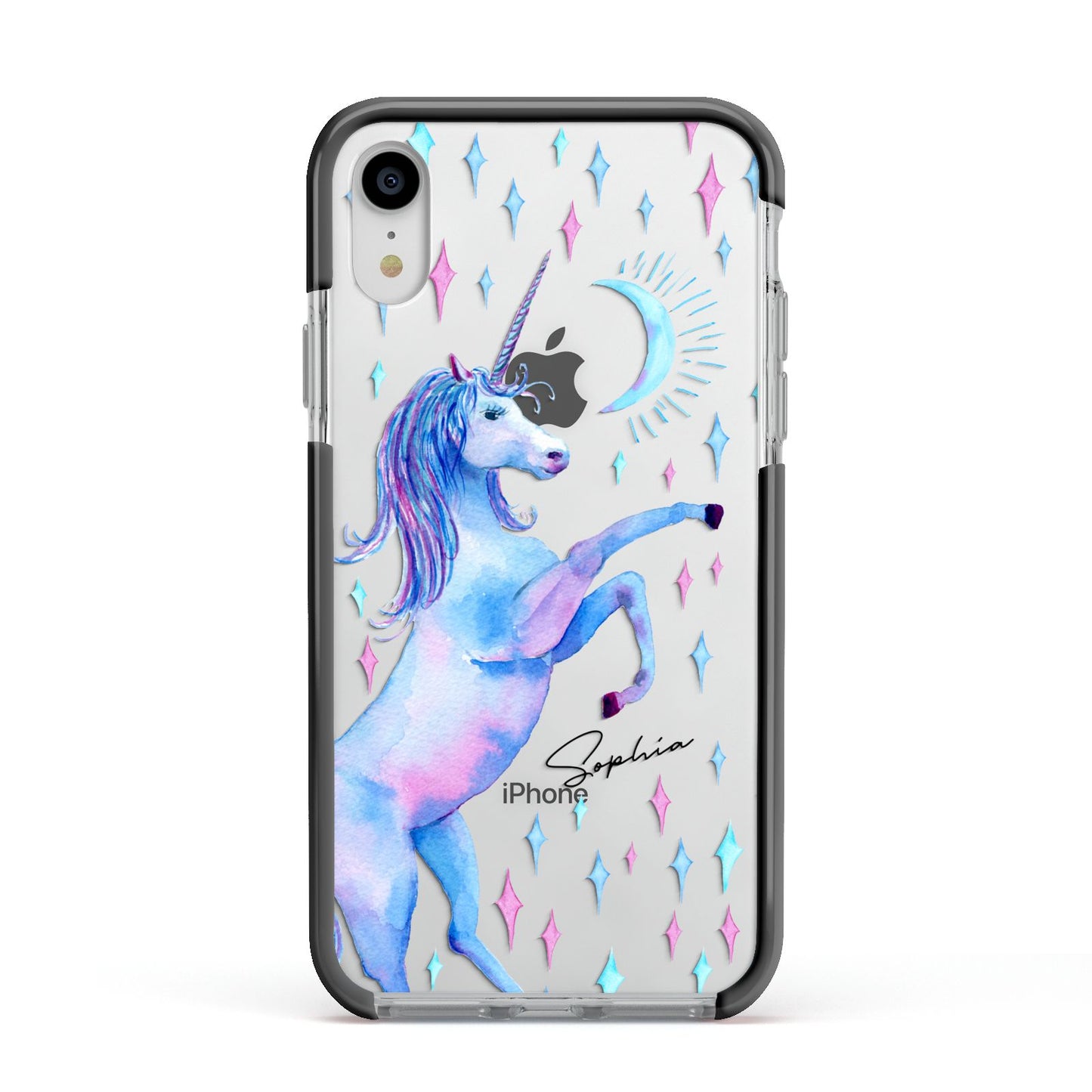 Personalised Unicorn Name Apple iPhone XR Impact Case Black Edge on Silver Phone
