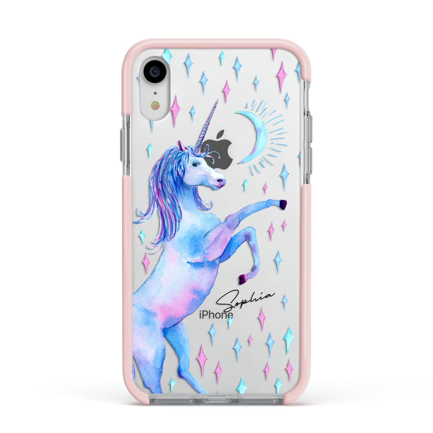 Personalised Unicorn Name Apple iPhone XR Impact Case Pink Edge on Silver Phone