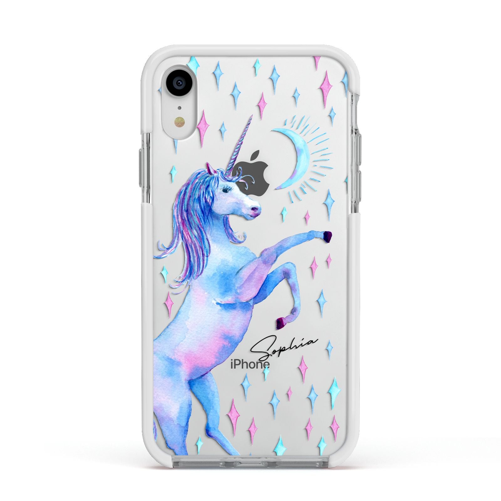 Personalised Unicorn Name Apple iPhone XR Impact Case White Edge on Silver Phone