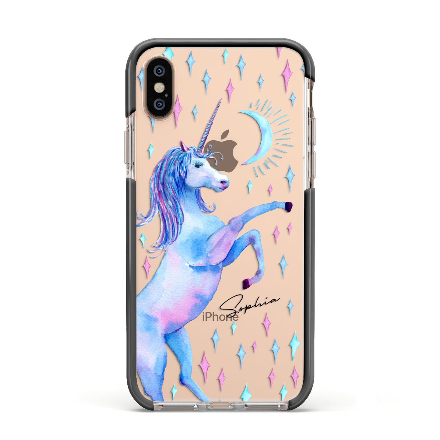 Personalised Unicorn Name Apple iPhone Xs Impact Case Black Edge on Gold Phone