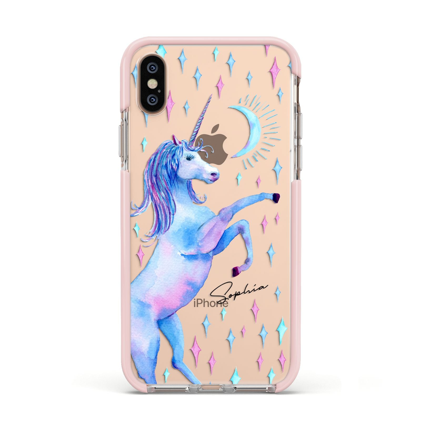 Personalised Unicorn Name Apple iPhone Xs Impact Case Pink Edge on Gold Phone