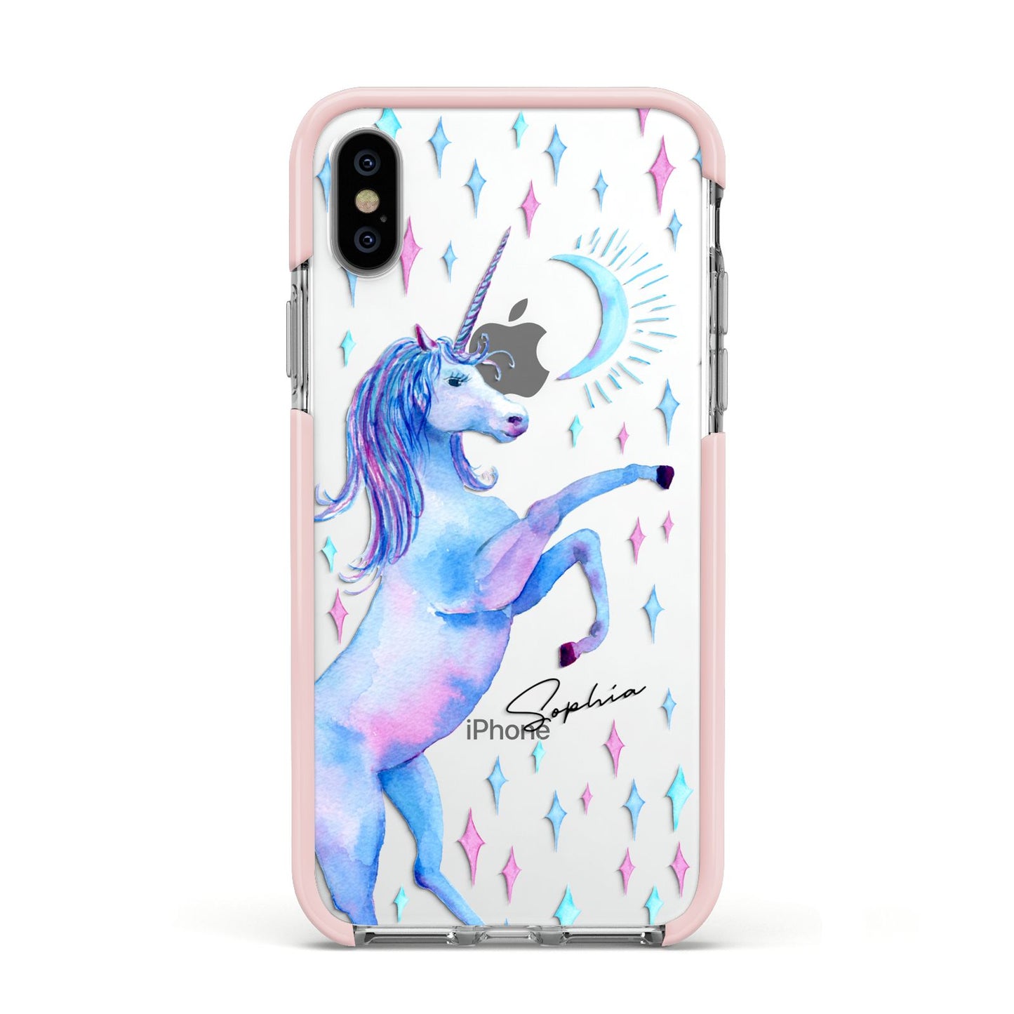 Personalised Unicorn Name Apple iPhone Xs Impact Case Pink Edge on Silver Phone
