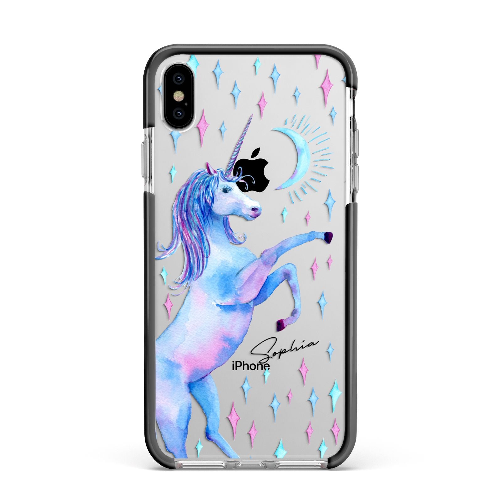 Personalised Unicorn Name Apple iPhone Xs Max Impact Case Black Edge on Silver Phone