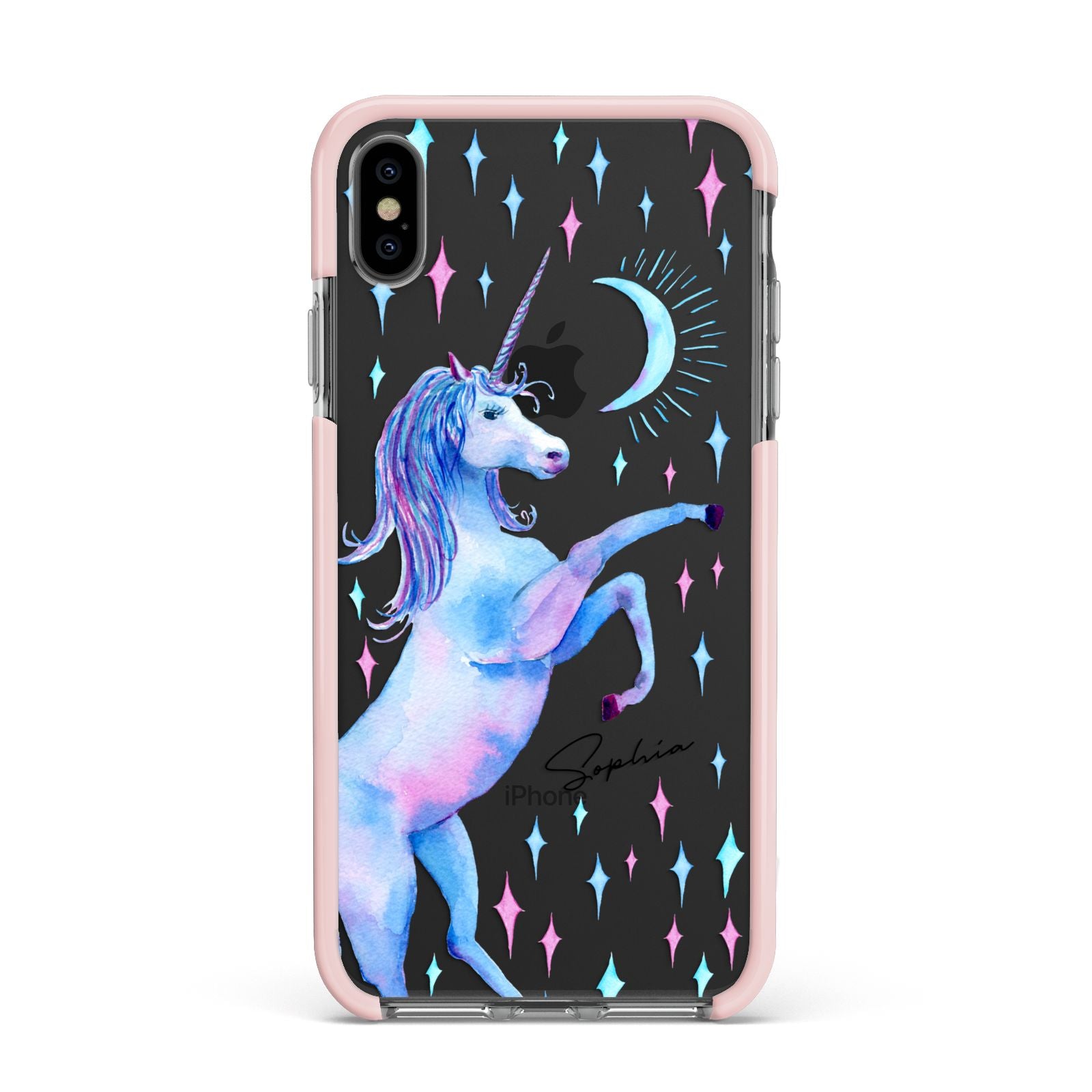 Personalised Unicorn Name Apple iPhone Xs Max Impact Case Pink Edge on Black Phone
