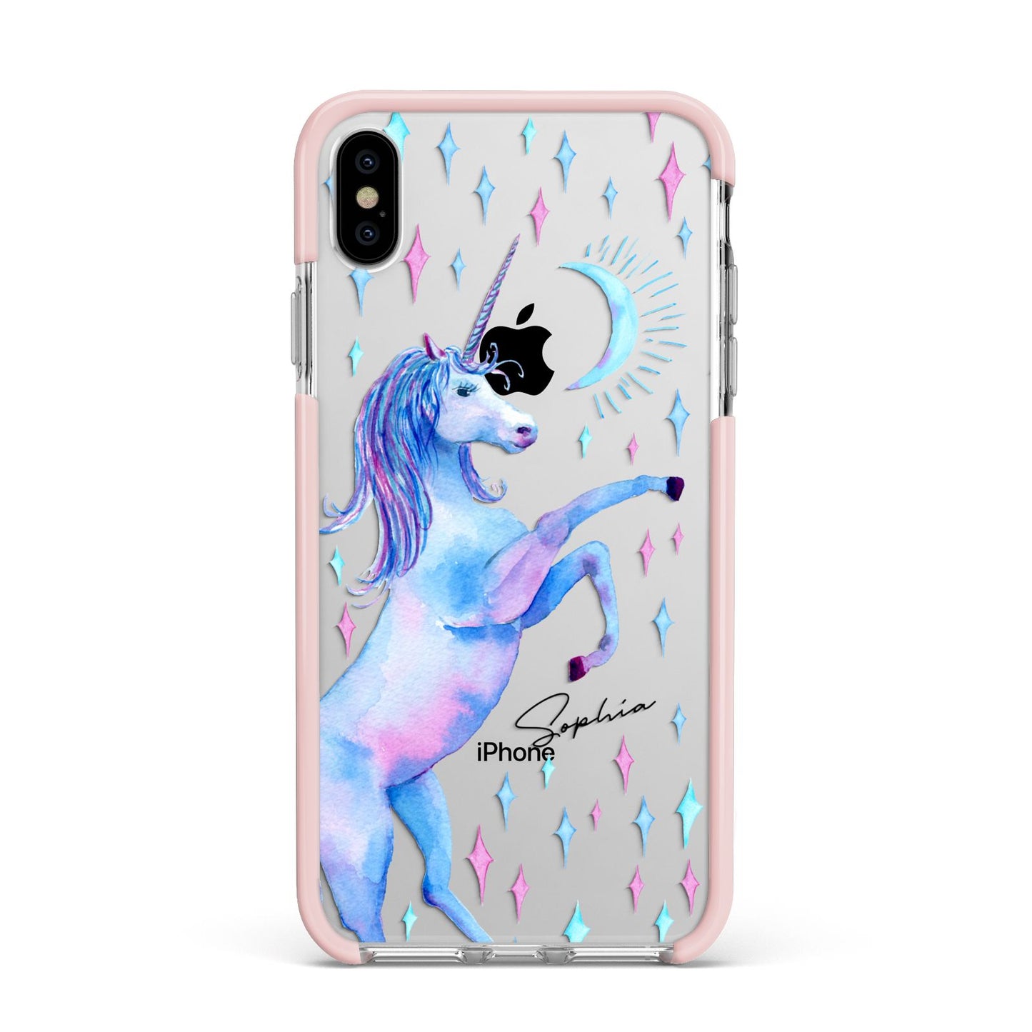 Personalised Unicorn Name Apple iPhone Xs Max Impact Case Pink Edge on Silver Phone
