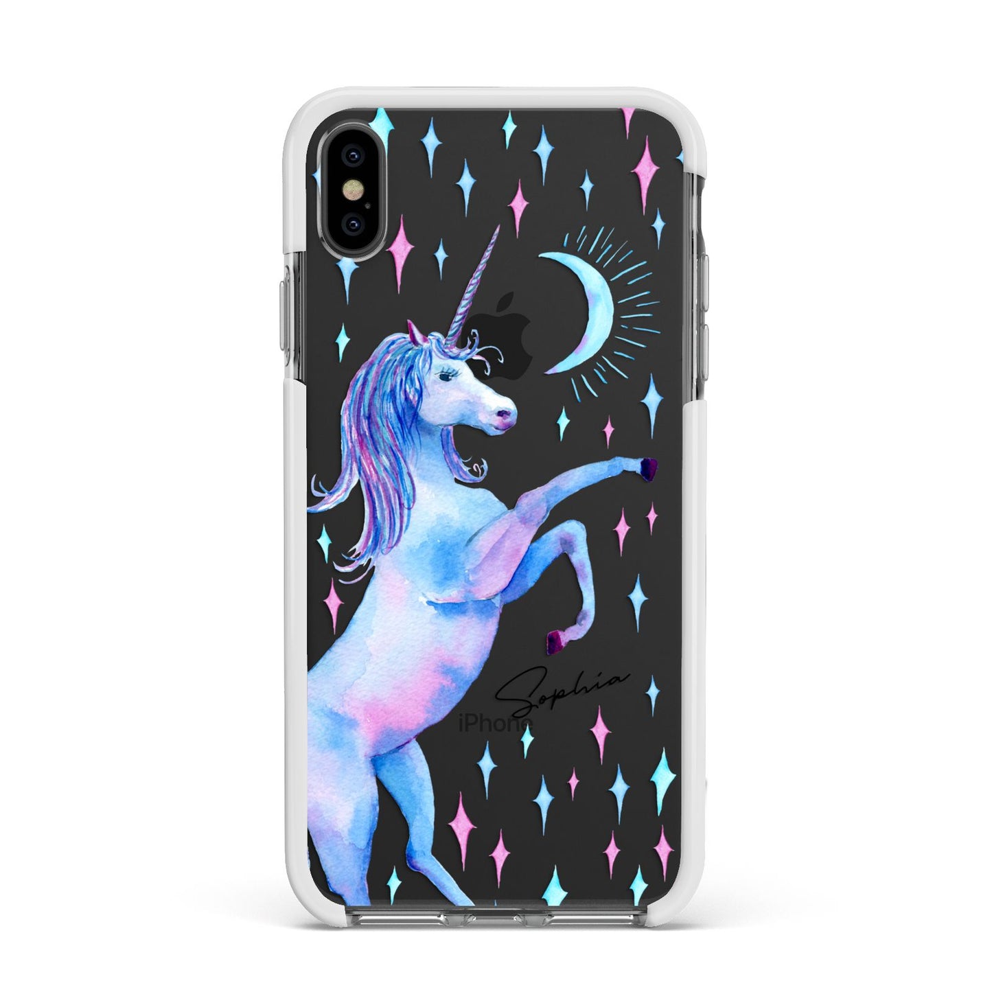 Personalised Unicorn Name Apple iPhone Xs Max Impact Case White Edge on Black Phone