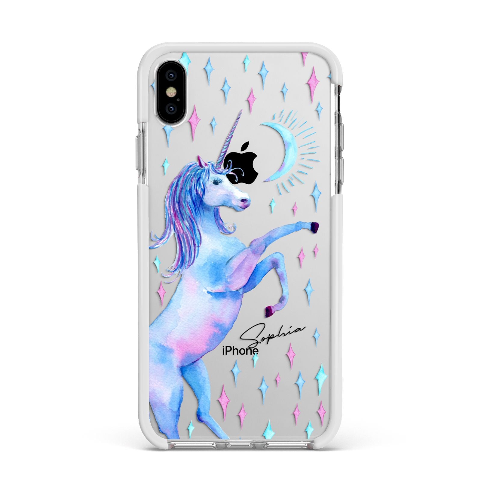 Personalised Unicorn Name Apple iPhone Xs Max Impact Case White Edge on Silver Phone