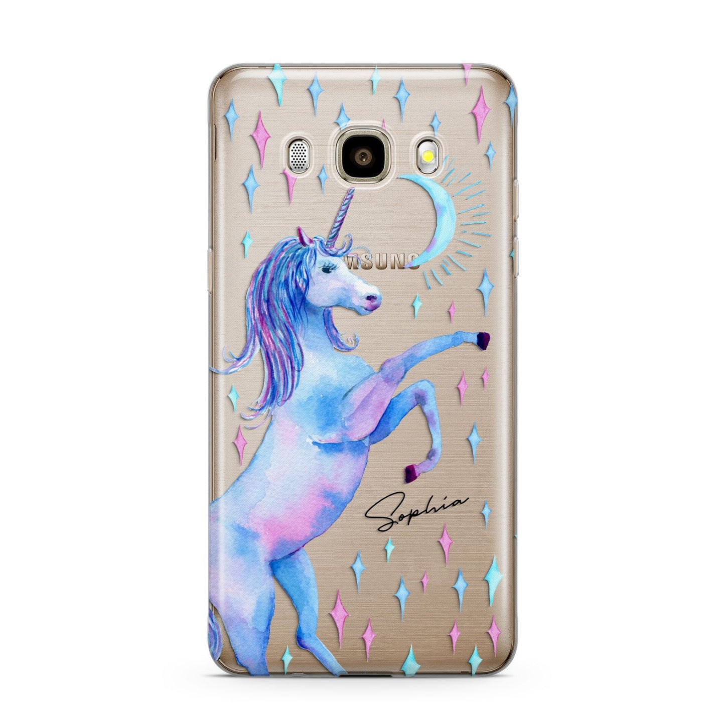 Personalised Unicorn Name Samsung Galaxy J7 2016 Case on gold phone