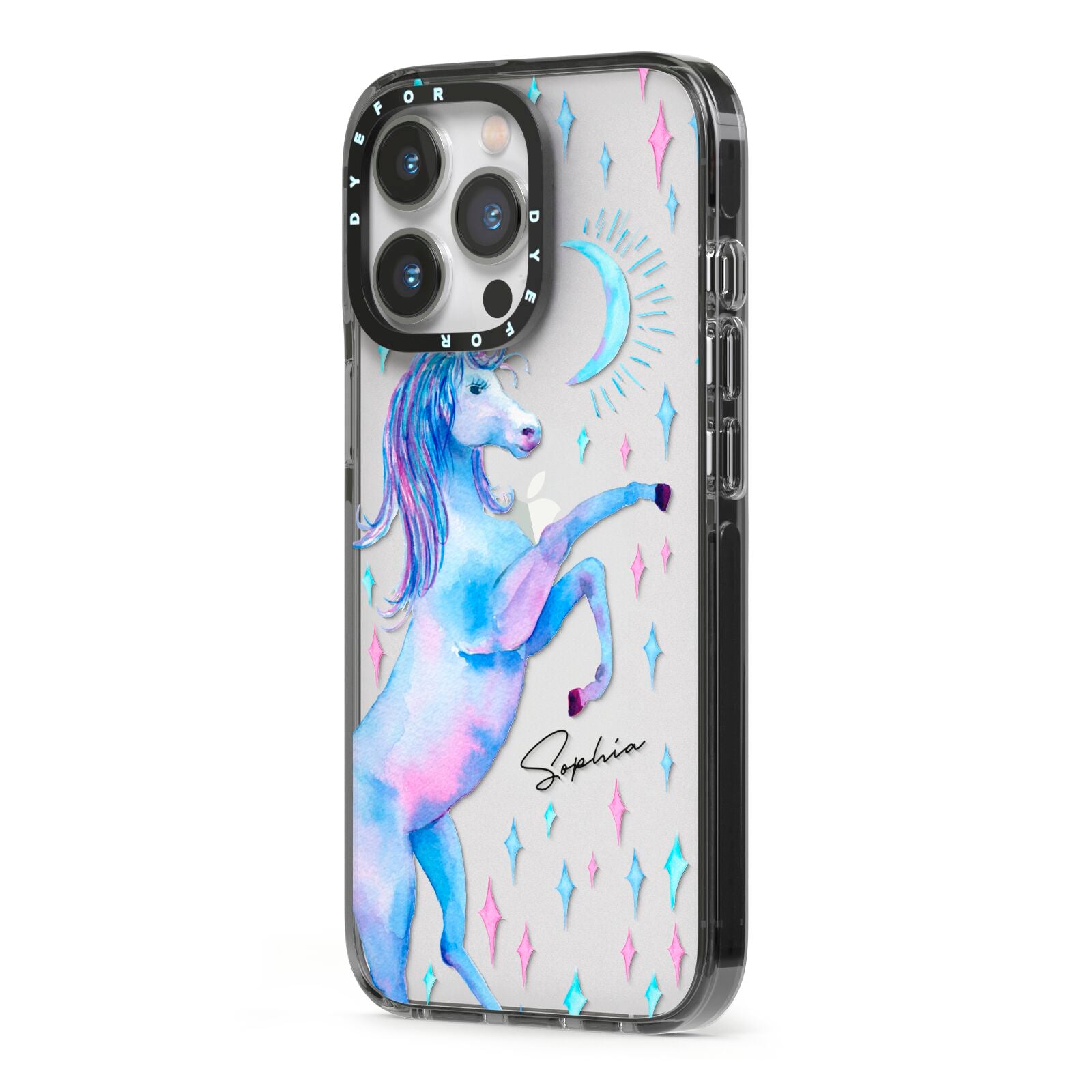 Personalised Unicorn Name iPhone 13 Pro Black Impact Case Side Angle on Silver phone
