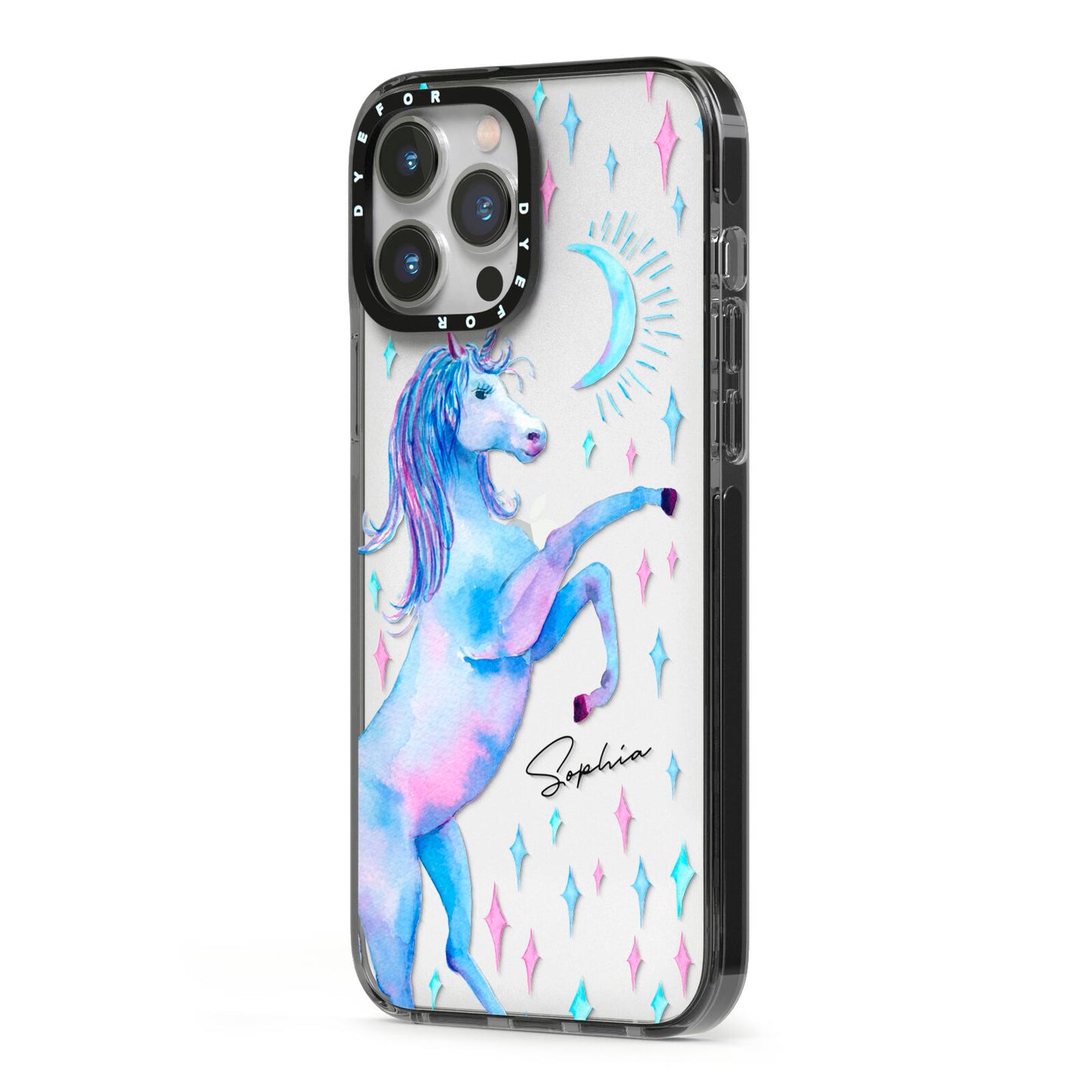 Personalised Unicorn Name iPhone 13 Pro Max Black Impact Case Side Angle on Silver phone