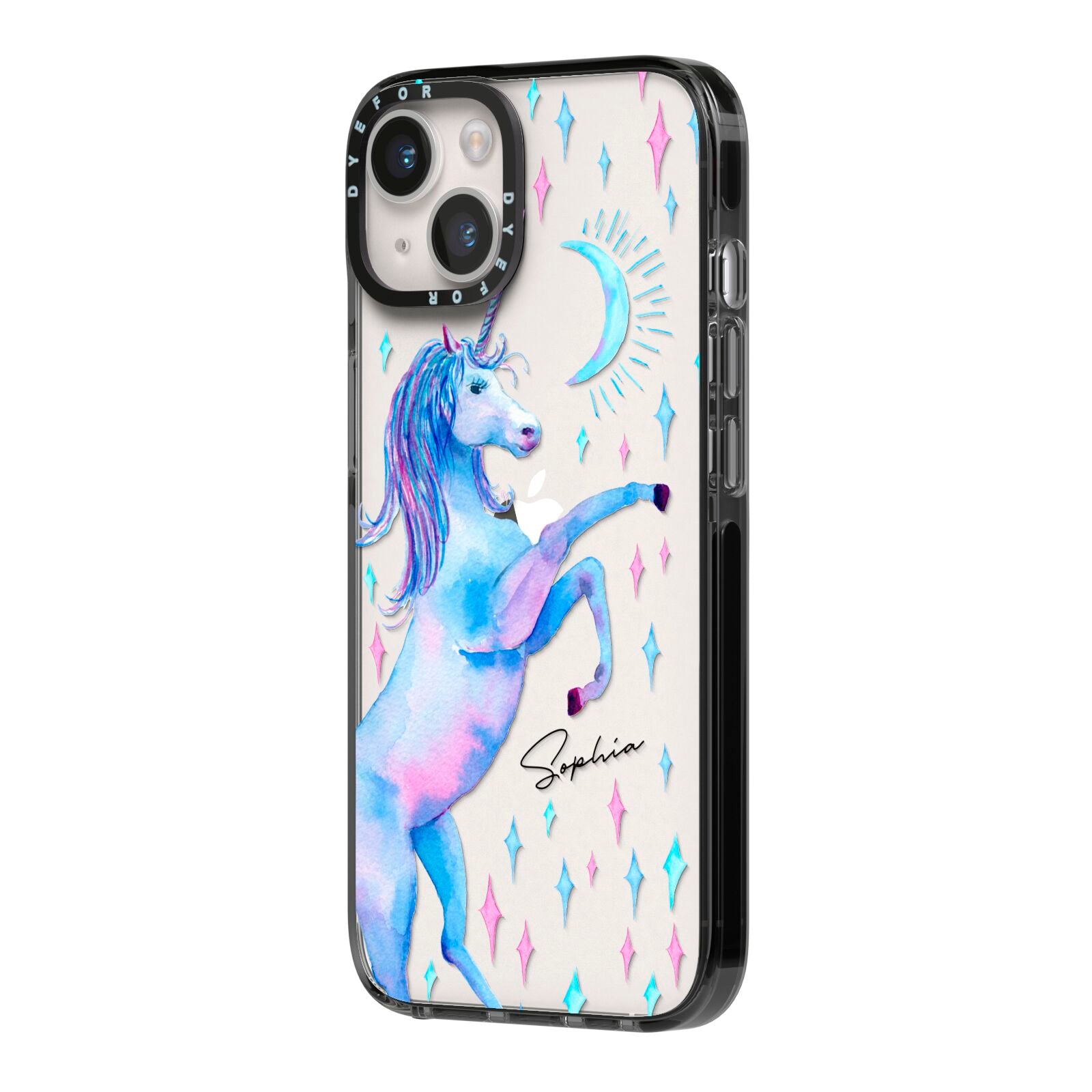 Personalised Unicorn Name iPhone 14 Black Impact Case Side Angle on Silver phone